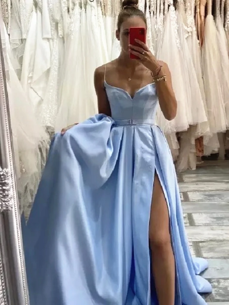Chic A-line Strapless Light Sky Blue Satin Long Prom Dresses Cheap Eve –  SELINADRESS